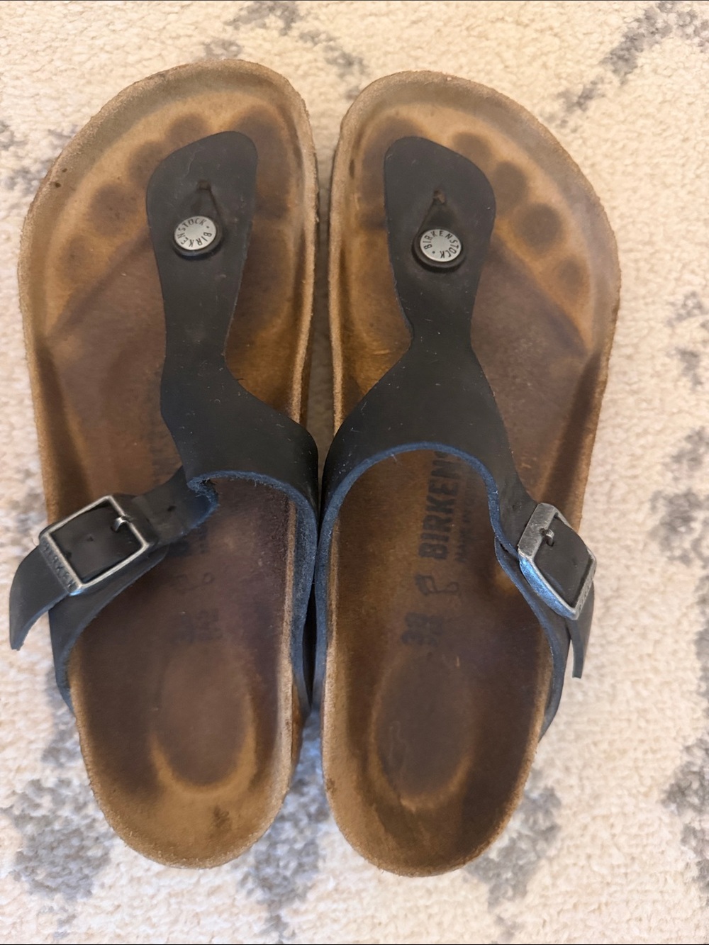Birkenstock Black T-Strap Thong Sandals with Silver Buckles